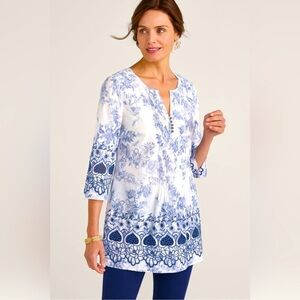 Soft Surroundings Nimes Blue & White Toile Embroidered Floral Tunic XL